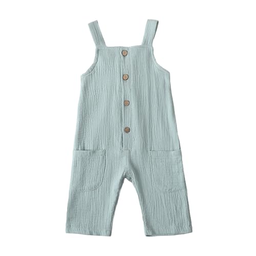 Image of BSaogr Neutral Baby Boy Girl Overalls Cotton Gauze Sleeveless Romper Button Down Jumpsuits with Pockets Summer Clothes