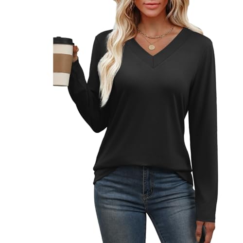 Women's Long Sleeve Shirts V Neck Casual Loose Fit Fall Tops Fashion Trendy Dressy Clothes Basic Tee Winter Tunic