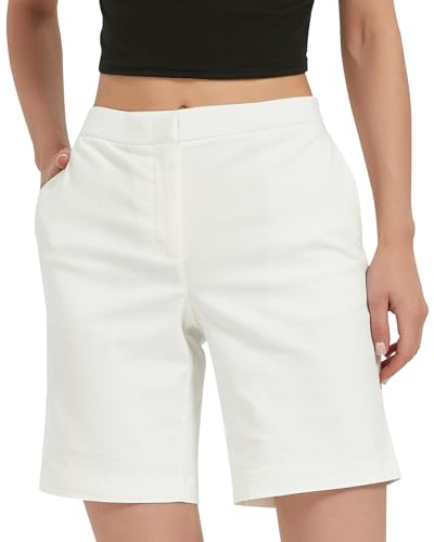 Kelly Klark Women'S Flat Front Stretch Golf Shorts For Seniors 9' Elastic Waist Pull-On Chino With Pockets For Summer Travel Plus Size 18 White