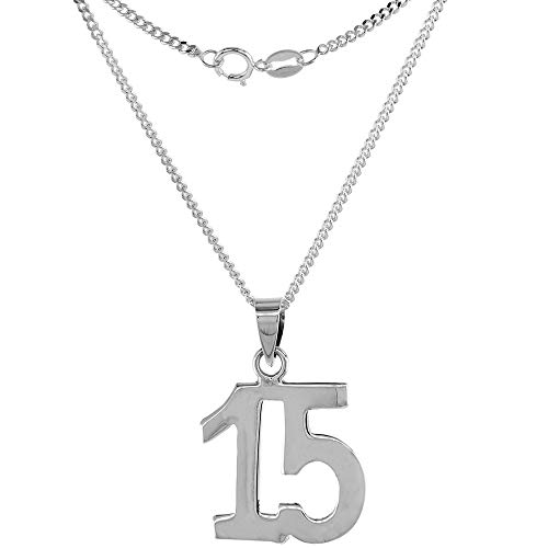 Sterling Silver Number 15 Necklace for Jersey Numbers & Recovery High Polish 3/4 inch, 2mm Curb Chain