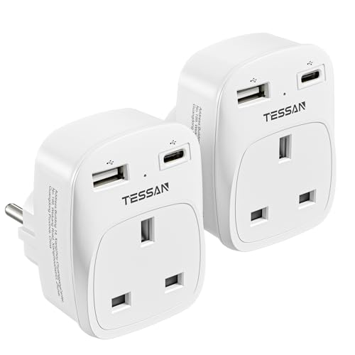 UK to European Plug Adapter 2 Pack, Schuko Grounded Euro EU Plug Adapter with 2 USB Ports (1 USB C)