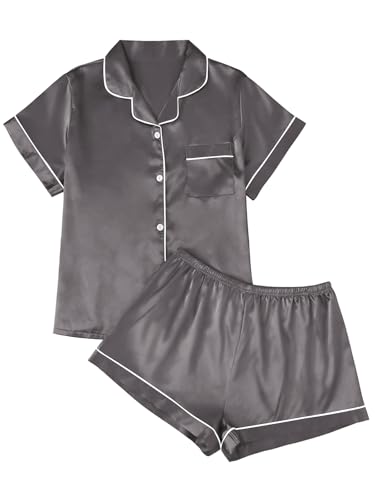 Image of LILLUSORY Silk Satin Pajama Set for Women Summer Two Piece Fall Lounge Pjs | Cozy Matching Sleepwear, Short Sleeve Button Down Shirt and Shorts, Soft Loungewear with Pocket, Cute Trendy Clothing