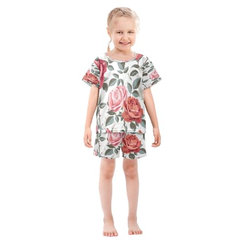 senya Short Sleeve Pajamas Sets Summer Cotton Sleepwear Tile Rose Rose Tile Red Leaves3