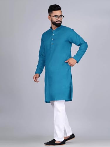 Image of Pinkmint Kurta for Men Cotton Mandarin Collar Long Sleeve Soild Traditional Kurta Festival Kurta