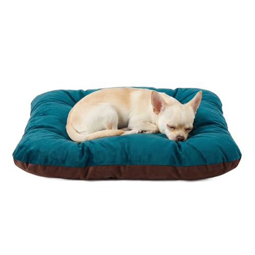 Image of Amazon Basics Pet Bed | Small | Reversible Premium Velvet Pet Bed for Cats & Small Dogs (Pug, Shih Tzu, Dachshund) | Soft & Durable | Coffee & Light Blue | 63 x 63 x 7 cm
