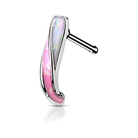 Tata Giselle Nose Piercing in 316L Surgical Steel and Opal - Stud Nose Bone - Twisted Steel Inlaid with Glitter Opal - 12.4 mm Pink Cover