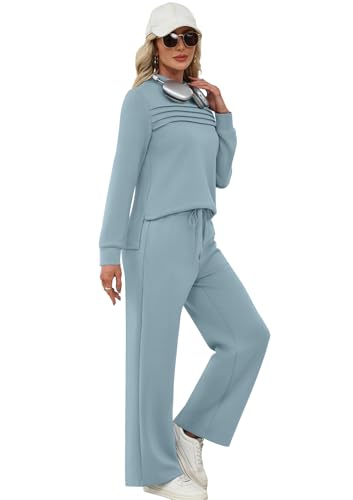 Image of WIHOLL Two Piece Sets for Women Fall Travel Vacation Outfits 2026 Long Sleeve Lounge Sets Side Slit Wide Leg Pants XS-3XL
