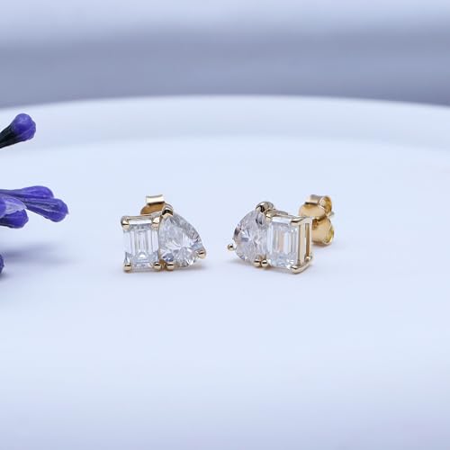 Toi et Moi Stud Earrings for Women Emerald & Pear Cut Lab Created Moissanite In 14K Gold Plated Sterling Silver with Push Back Jewelry Gift for Her 2.50 Cttw VVS1 Clarity4