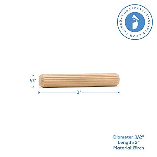 image for Wooden Dowel Pins 3 x 1/2 inch, Pack of 250 Fluted Dowel Joints for Wo