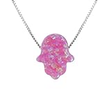 aJudaica Created Fire Opal Hamsa Hand Necklace Opal Pendant with Sterling Silver Chain (Pink, 17.5)