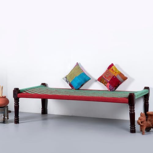 Image of Solid Sheesham Wood Charpai Khat | Handcrafted Daybed Khatiya Charpai with Cotton Rope | Traditional Khat Bed Wooden Diwan Cot for Living Room | 6X3 Feet | Green and Red