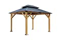 WSENAXLOR Wood Carport Pavilion Gazebo - Wooden Coated Steel Frame Canopy with Steel Double Roof, Outdoor Permanent Metal Pavilion with Netting for Patio