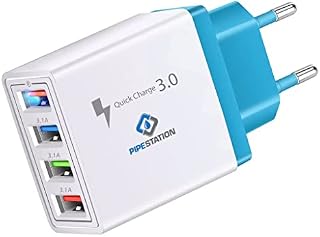 Pipestation® EU 2 Pin to USB Plug Travel Adapter Charger | Euro Wall Adaptor with 4 USB Ports | European Universal Power Charging compatible with iPhone Samsung Smartphones Tablet Shaver Toothbrush