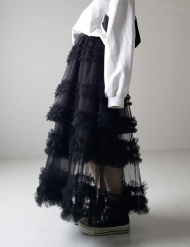 Perbai Women's Long Tulle Skirt High Waisted A Line Ruffle Tiered Flowy Mesh Tutu Skirt Petticoat3