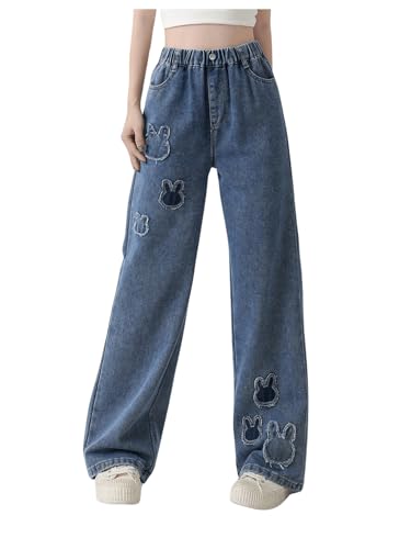 Girl's Animal Pattern Elastic High Waist Jeans Straight Leg Loose Denim Pants