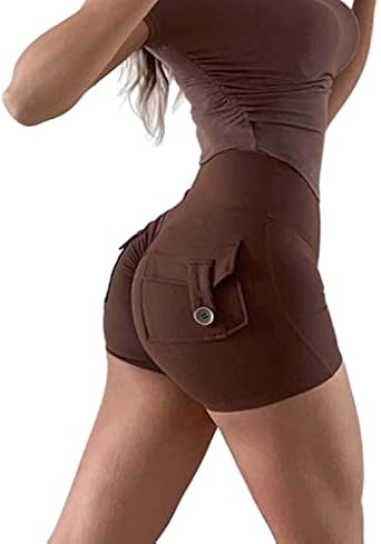Womens Workout Shorts with Pocket Scrunch Butt Lifting Tummy Control Cargo Gym Shorts High Waist Yoga Athletic Booty Shorts
