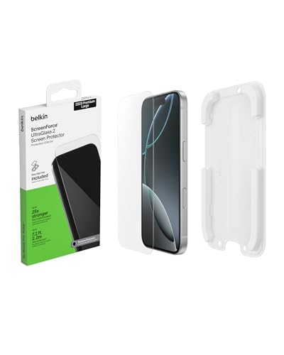 Belkin ScreenForce UltraGlass 2 Protector Pantalla iPhone 17 Pro Max, Película Protectora Frente a Impactos y Arañazos con Bandeja de Alineación Fácil para Instalación Sin Burbujas, Cristal Reciclado
