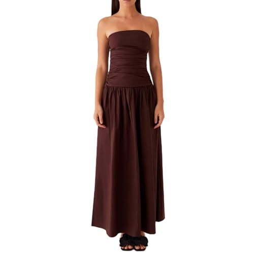 Owegvia Vestido largo elegante estilo tubo Y2K para mujer, fruncido, cuello barco, espalda descubierta, sin mangas, sin tirantes, para fiesta, noche, vestido de playa, marrón oscuro, M