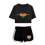 Flyself LGBT Gay Regenbogen Herz Kurzarm T-Shirt & Kurze Hose 2 Stücke Anzug Damen Crop Top und Shorts Sets Sommer Tops Bauchfrei Oberteile Kurze Tank Top Kurzarm Blusen für Mädchen und Frauen