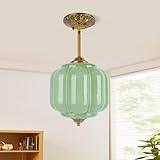Pandaluna 9in Green Milk Glass Ceiling Light Fixture, LED Bulb Included, Vintage Semi Flush Mount Pendant Light Antique Brass Mid Century Art Deco Chandelier for Kitchen Dining Room Hallway Bedroom