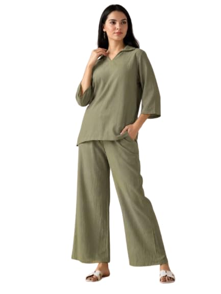 Women's Kitkat Polyester Cruss Co-Ord Set | Solid V-Neck Collar Top with Wide Leg Palazzo Pants | Casual Lounge Wear Two Piece Outfit for Women-picture-35