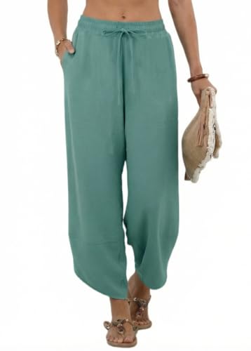 Image of PrinStory Wide Leg Trousers For Women Uk Drawstring Elastic Waist Trousers Summer Lightweight Pants Loose Pants With Pockets (Aqua Green, XL)