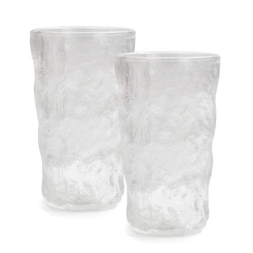 TOSSOW Drinking Glasses Set of 2,Mixed Drink Glassware Sets Glacier Pattern Colorful Glass Water Cups for Wine, Beer, Juice, milk, coffee,Mojito and Cocktail(12 oz) （transparent)
