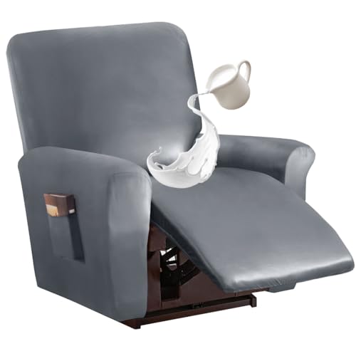 Lussenwert Waterproof Recliner Chair Covers Leather Recliner Covers 4-Piece Stretch Couch Cover Slipcovers Furniture Protector with Elastic Bottom for Dog Kids Gray