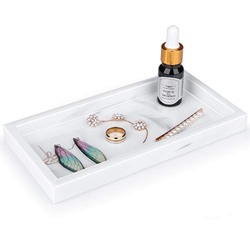 Ouinice Jewelry Organizer Resin Tray, Small Bathroom Kitchen Resin Vanity Tray Cosmetic Organizer Jewelry Ring Dish Holder for Tissues, Candles, Soap, Towel, Plant, etc (White Marble-Rectangle)