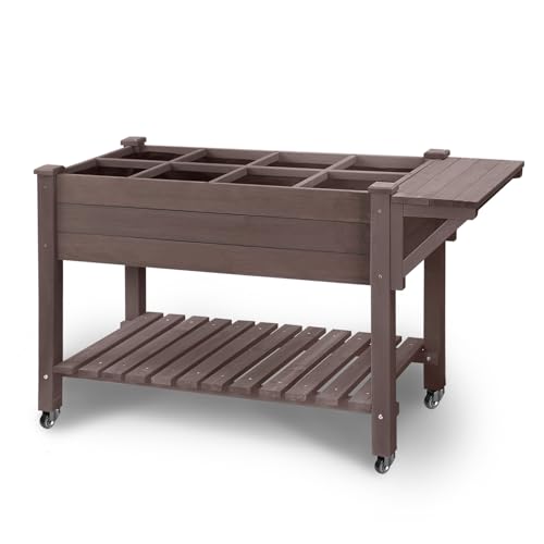 GUTINNEEN Raised Garden Bed Outdoor with 8 Planter Boxes Wooden Elevated Garden Bed with Legs Wheels Side Workbench and Storage Shelf for Plants Vegetables Flowers Herbs