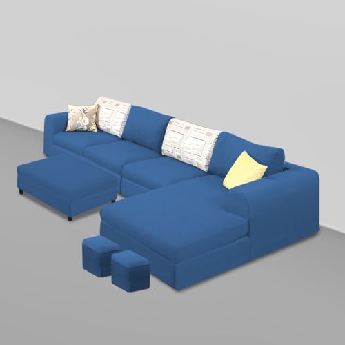 Image of Koza RHS 8 Seater L Shape Sofa Set with Center Table for Living Room (Blue Fabric) Premium Fabric Sofa