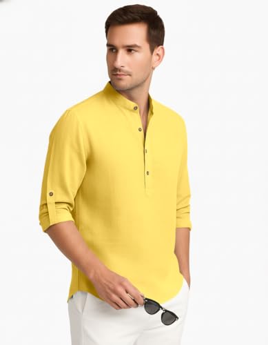 Image of Zombom Men's Cotton Blend Kurta Shirt with Full Sleeves Mandarin Collar Neck Solid Pattern for Men Regular Fit Ethnic Wear Casual Festive Top Modern Style | Cotton Shirt for Mens