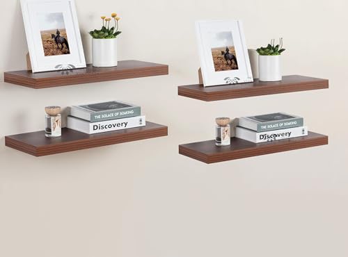 Image of Wooden Floating Wall Shelf| Wall Mount| Wall Rack| Wall Bracket for Home and Office Decor | Big Mounted Cabinets (Large, Set of 4, Walnut Finish)
