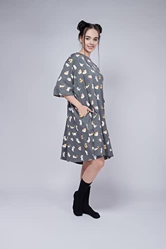 Image of LAMA STORE Women's Printed Oversized T-Shirt Dress, Cotton, 3 /4 Sleeve Length, Casual Loose Fit, Comfort Wear Extra Comfy Oversized Printed Pocket T-Shirt Dress