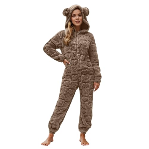 Genérico Pijama Largo Elegante Mono de Mujer Jumpsuit Teddy Fleece Mono de Felpa Cómodo Monocolor Enterizo Onesie Esponjoso Acogedor Pijama con Capucha Chaqueta Divertido de Manga Larga