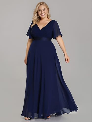 Image of Ever-Pretty Plus Women's V Neck Mother of The Bride Dress Chiffon A Line Maxi Plus Size Evening Dress with Sleeves 09890-DAPH