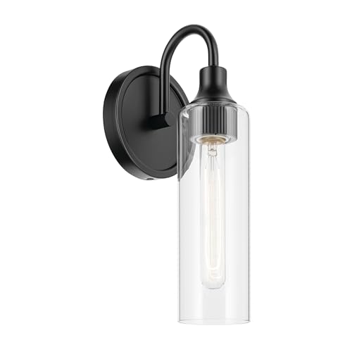 Kichler Kavi 5" 1-Light Wall Sconce with Clear Glass in Black, Damp Rated, for Bathroom, Powder Room, Kitchen, Hallway, Bedroom, Fireplace, (5" W x 13" H), 55209BK