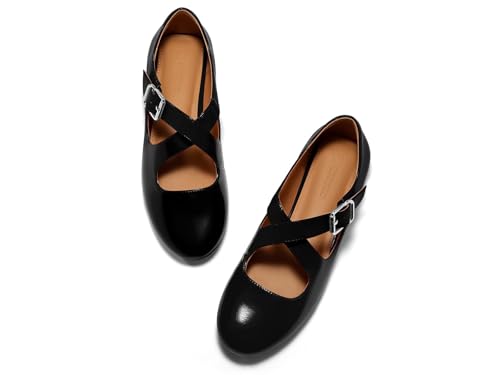 Coutgo Women's Ballet Flats Comfortable Closed Almond Toe Criss Cross Ankle Strap Dress Dance Flat Shoes, Black, Size 6.5