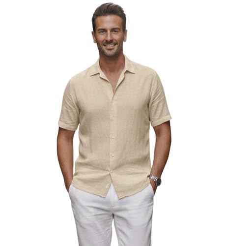 Image of Glowic Men Linen Shirt Casual Regular Fit Solid Stylish Summer Wear Shirt for Office Party Beach Holiday Lightweight Breathable Fashion Shirt