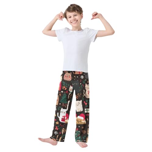 Cat Pine Tree Boys Long Pants Soft Trousers Elastic Waist Kids Lounge Bottoms with Pockets S-XL3