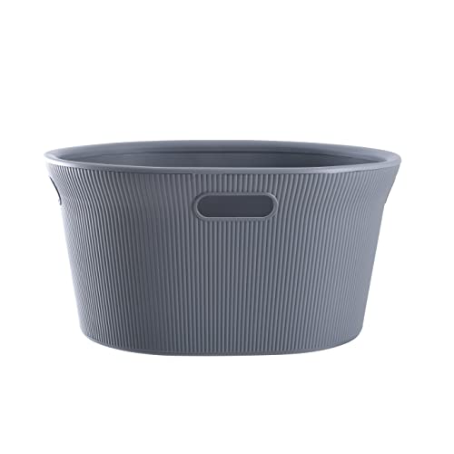 Image of Superio Ribbed Collection - Decorative Plastic Laundry Basket with Cut-Out Handles, Grey (1 Pack) Hamper Organzier for Bedroom Bathroom College Dorm Room 35 Liter
