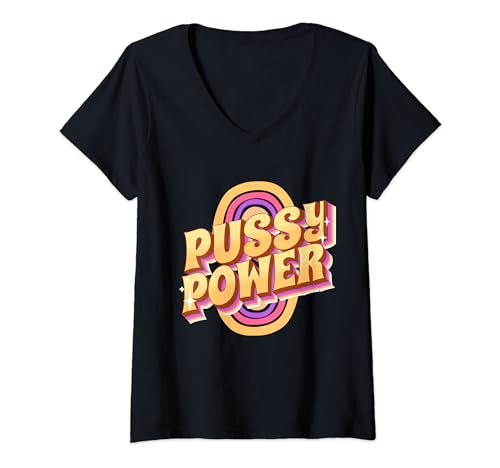 Donna Pussy Power Bold Feminist Cat Tee Maglietta con Collo a V