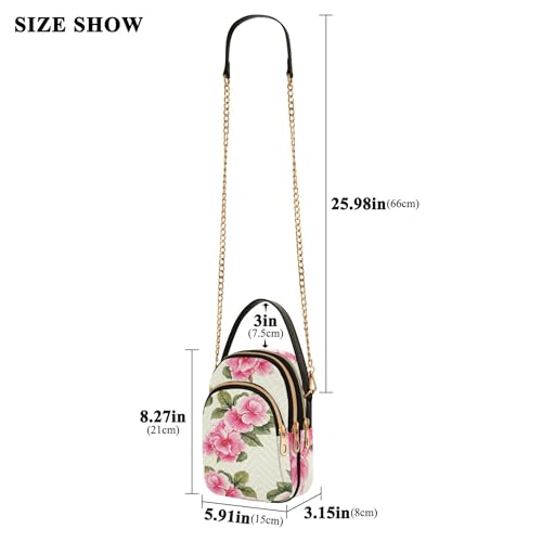 Woman Shoulder Handbag Quilted Chain Strap Cell Phone Handbag Printed Zipper Crossbody Bowler Bag Pink Flowers Green Leaves3