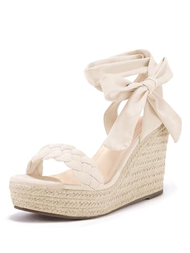 Syktkmx Womens Braided Wedge Espadrille Sandals Lace Up Slingback Open Toe Summer Platform Heeled Shoes