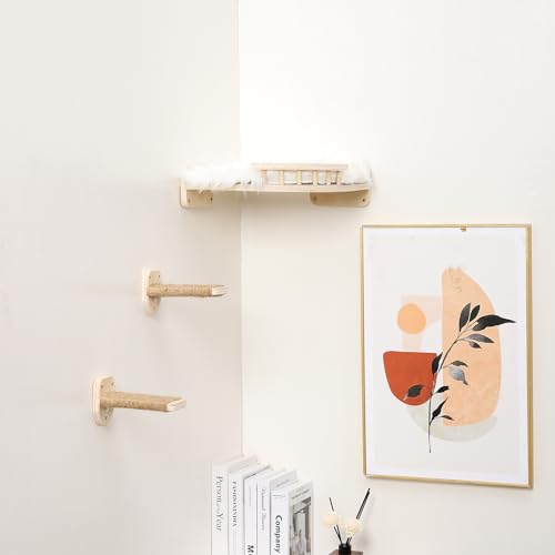 COOLEX Cat Wall Shelves - 3 Steps Scratch Post & Hammock Bed with Plush Cover, Climbing Shelf for Indoor Cats (Wood)