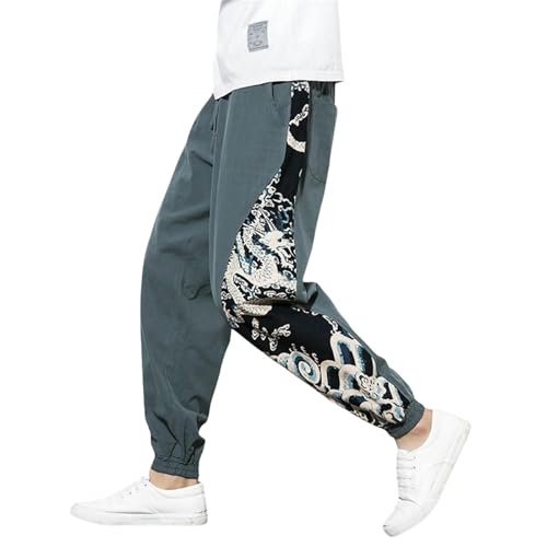 Pantalon de jogging court idéal pour l'été en coton lin style dragon ample
