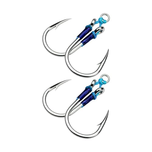 Homeponnew Anzuelos de pesca dobles de acero de alto carbono con diseño de asistencia eléctrica, ganchos resistentes para agua salada, 2 pares, tamaños 32-62 mm (1,6-8,2 g), acabado azul y plateado 11