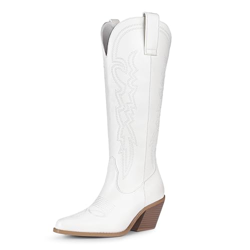 IDIFU IN3 Cowboy Boots for Women Cowgirl Knee High Western Embroidered Booties Side Zipper Low Block Chunky Heel Pull on Pointed Toe Tall Booties Comfy Dress Long Boots