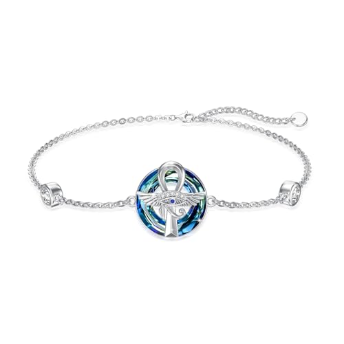 ABIGY Ankh - Pulsera de plata de ley 925 con diseño de ojo de Horus, cruz egipcia, alas de ángel, joyas de protección cruzada, joyería egipcia, regalo para el día de la madre, Plata de ley