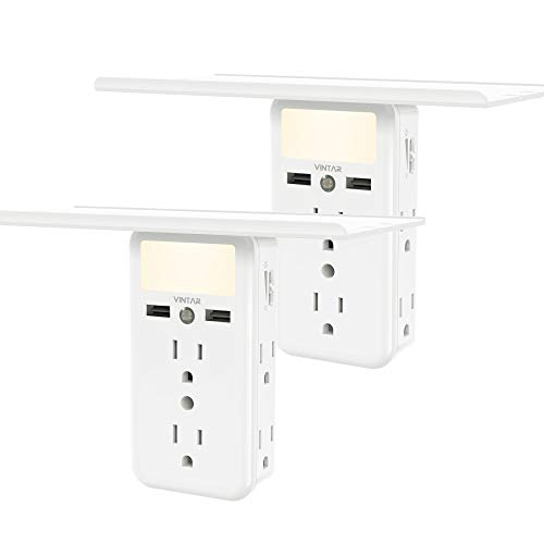[2-Pack]VINTAR Outlet Shelf-Wall Outlet Extender with Built-in Shelf, Multi Plug Outlet with Adjustable Night Light,6 Power Outlets 2 USB Ports,ETL Certified.